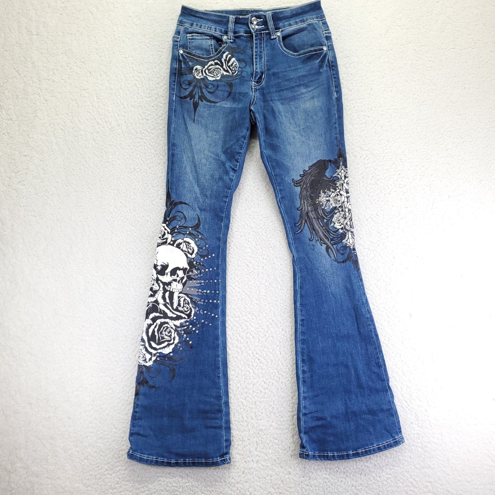 Social‎ Collision Women Skull Rose Wing Graphic Rhinestone Flare Jeans Blue Sz 3